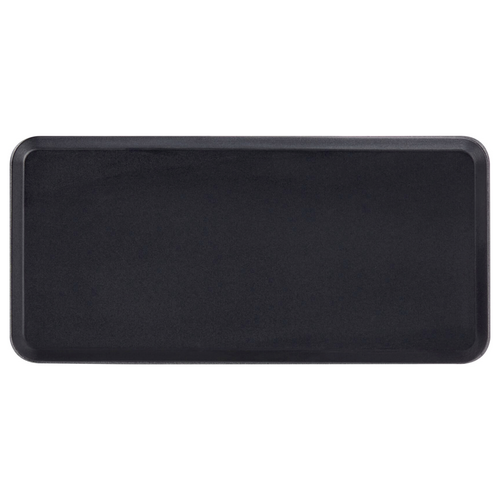 Ein rechteckiges, schwarzes Tablett mit abgerundeten Ecken.